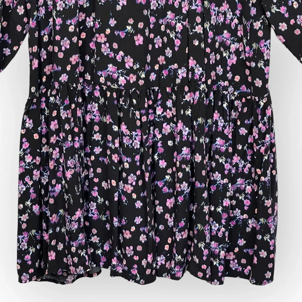 H&M Mini Dress Women Size XXL Black Floral Keyhole Viscose Half Puff Sleeve Boho - Picture 5 of 13
